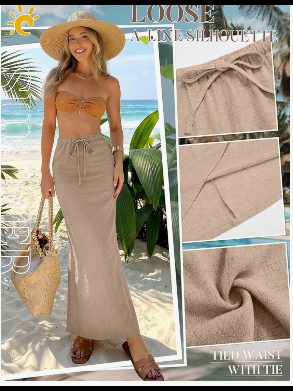 NWT Khaki Linen Blend Maxi Skirt Size Large 12-14 A-Line Tie Waist  Coastal